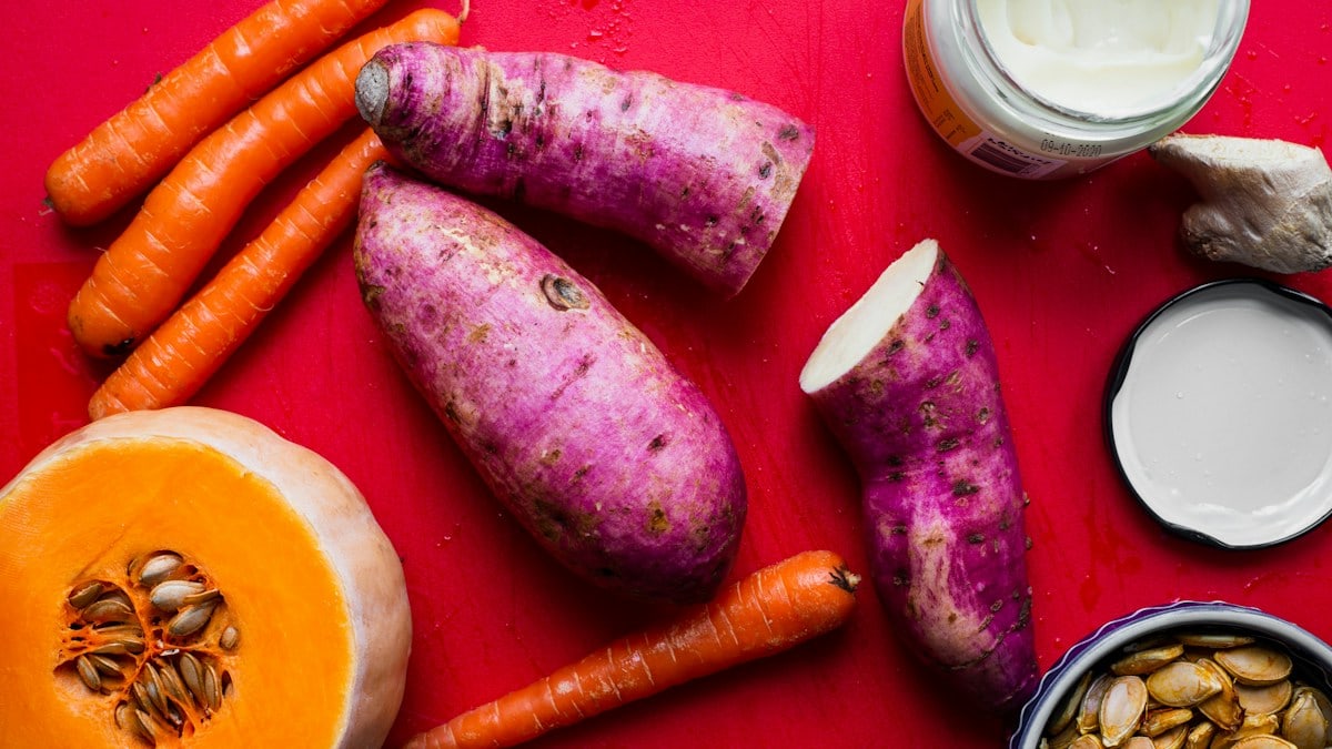 sweet potato, carrots, and squash